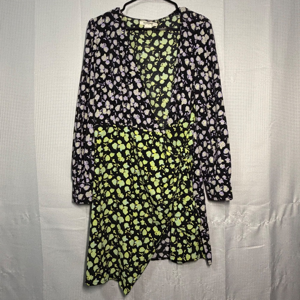 Glamorous Wrap Mini Dress 8 Black Mixed Floral Long Sleeve